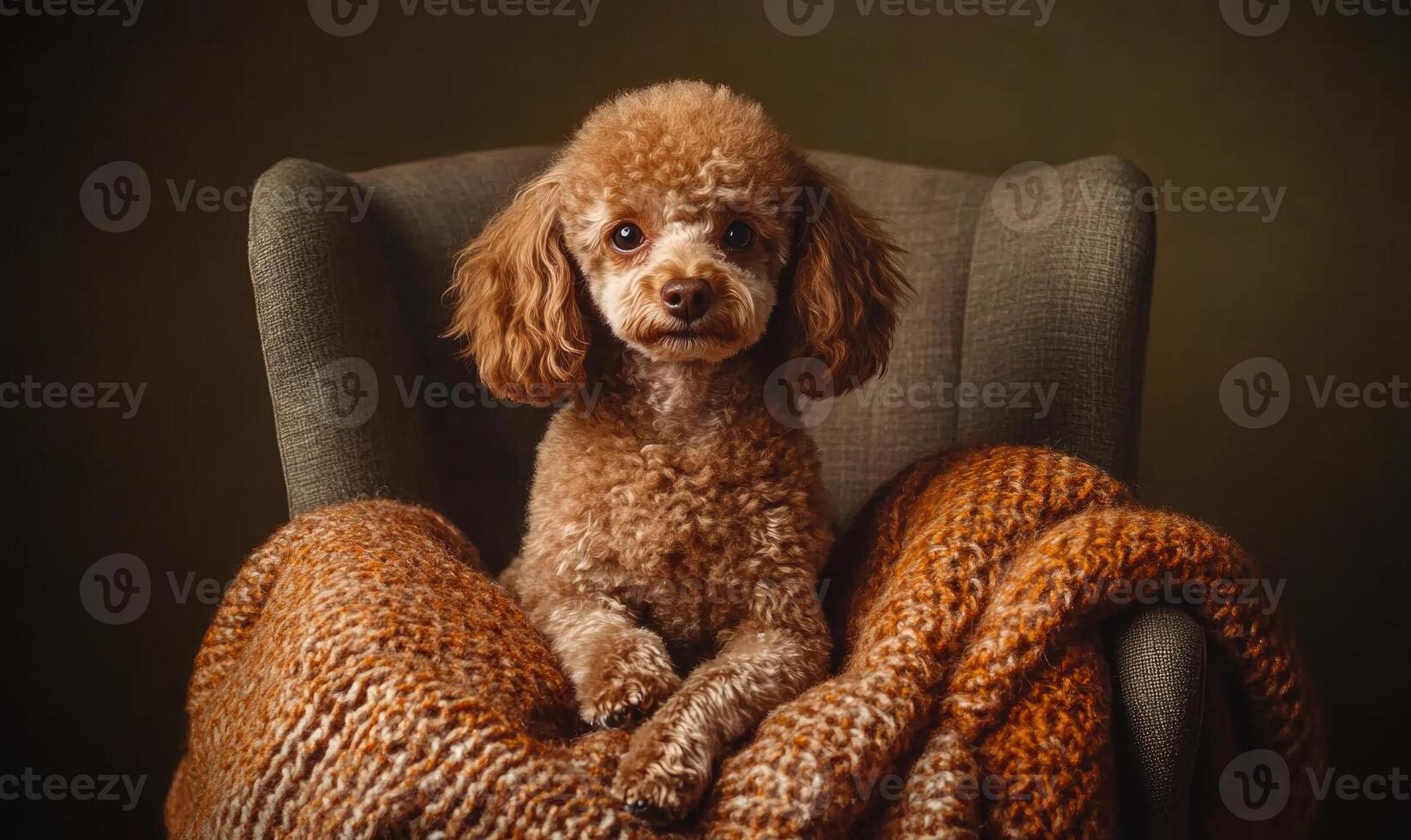 A small dog is sitting on a chair with a blanket photo