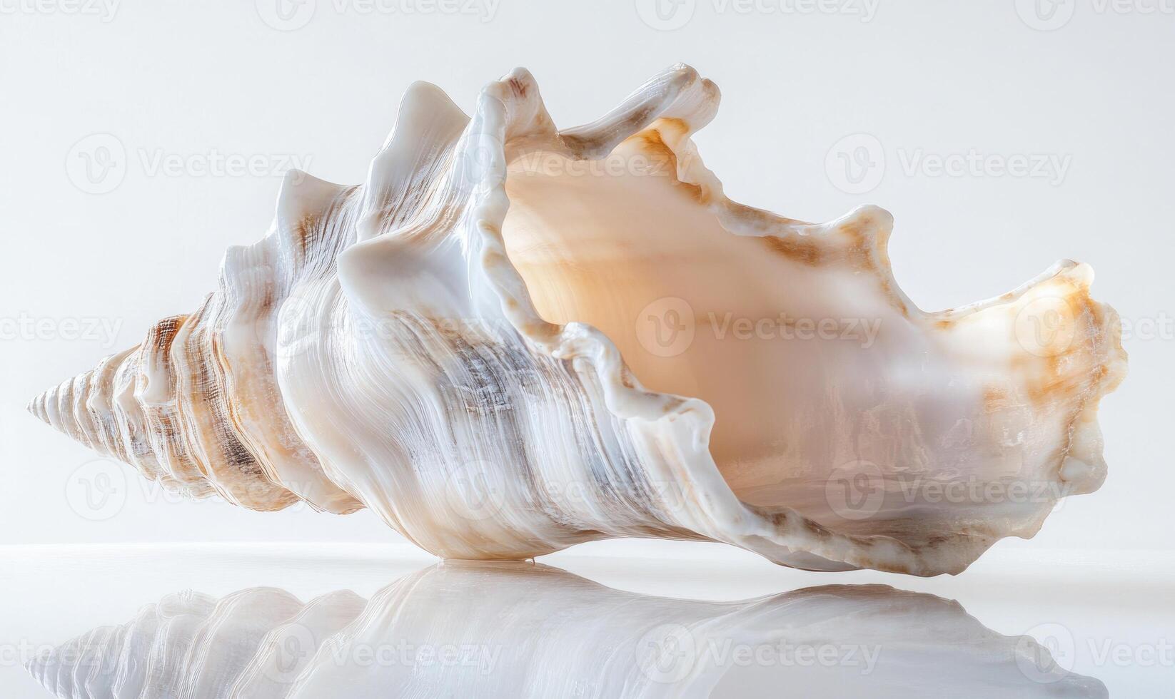 A shell is shown with a white and tan color photo