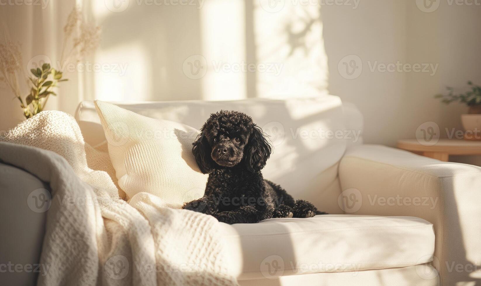 A black dog is laying on a white couch photo