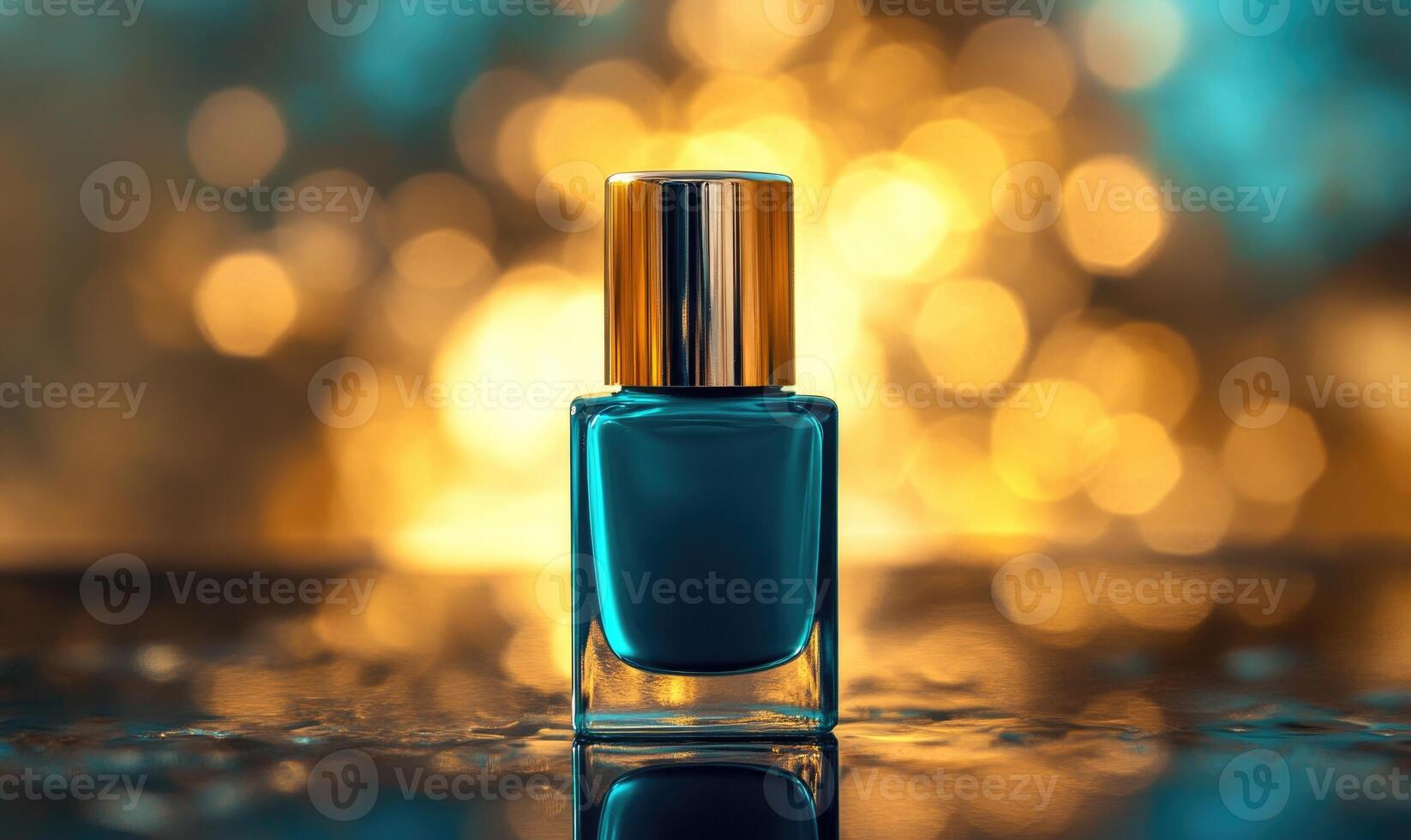 blue nail polish bottle on a table with a blurred background photo