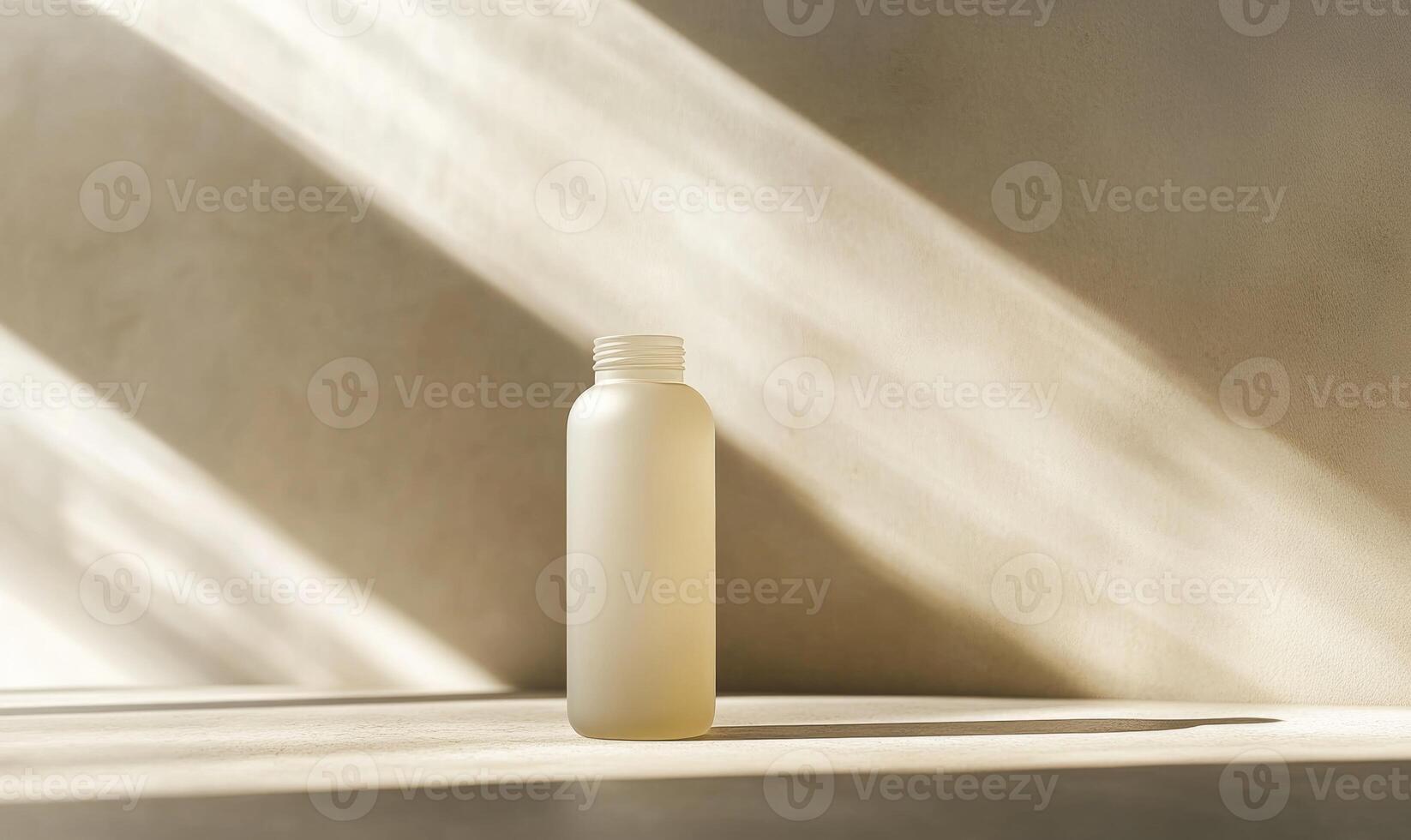 a bottle of shampoo sits on a table in front of a wall photo