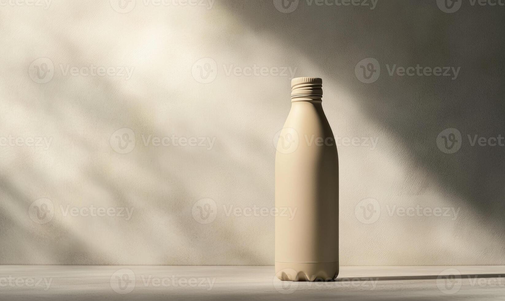 A bottle of milk is sitting on a table photo