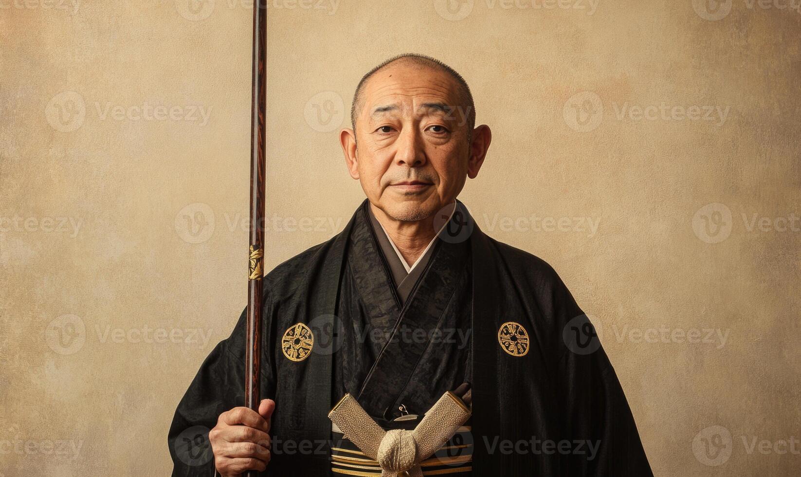 A man wearing a black robe and holding a stick photo