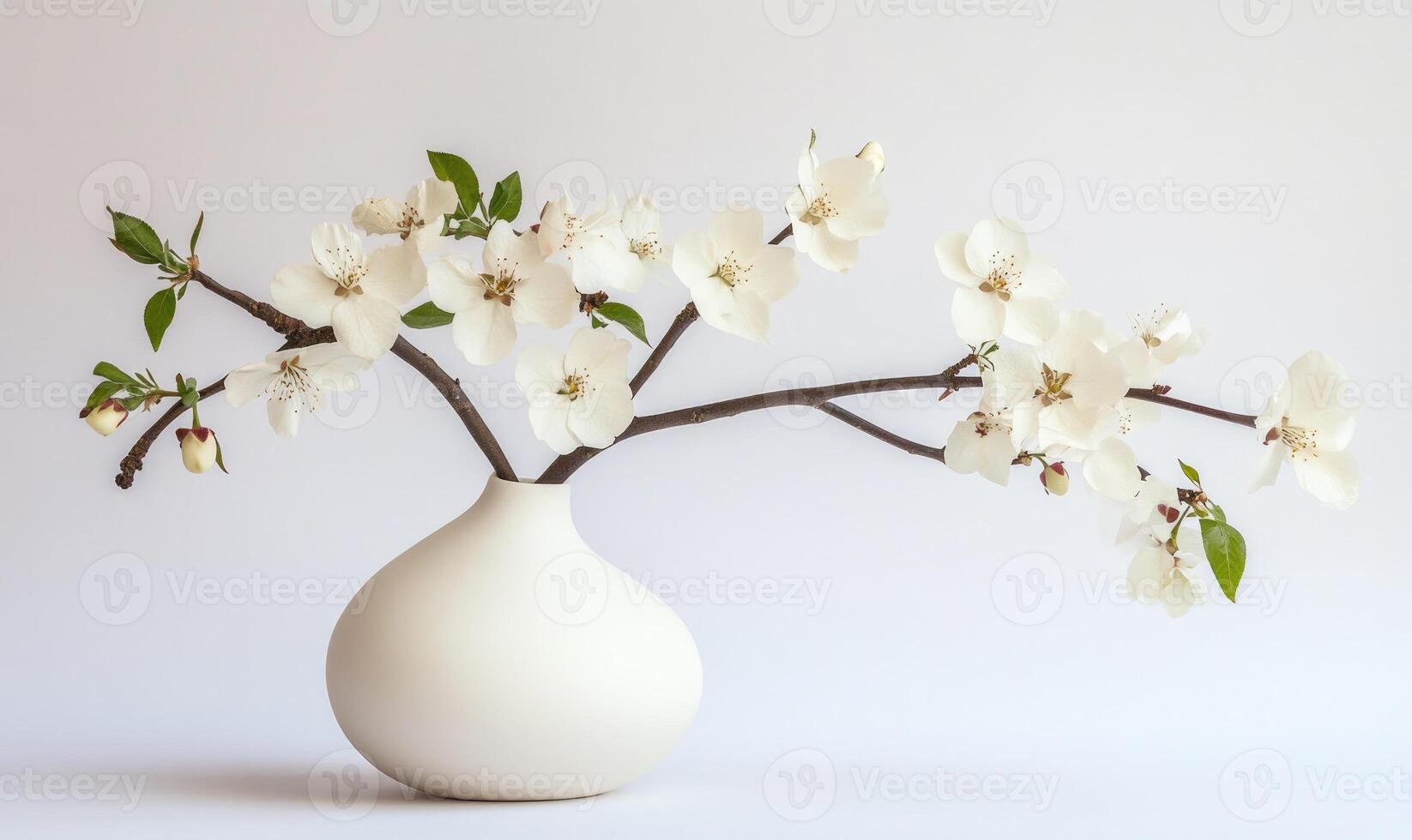 A white vase with branch of blossoming apple tree photo