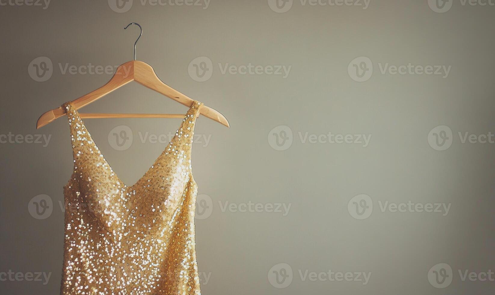 A gold dress is hanging on a hanger photo