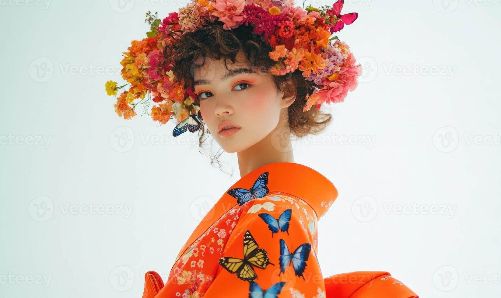 A woman wearing a flowery headband and a red kimono with butterflies on it photo