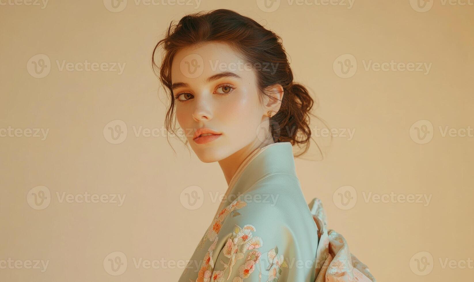A woman wearing a blue kimono photo