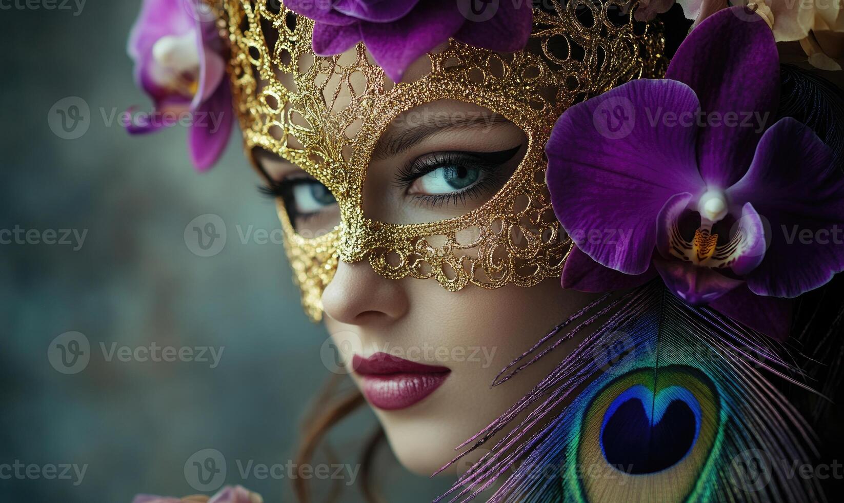 A woman wearing a gold mask with purple flowers on it photo