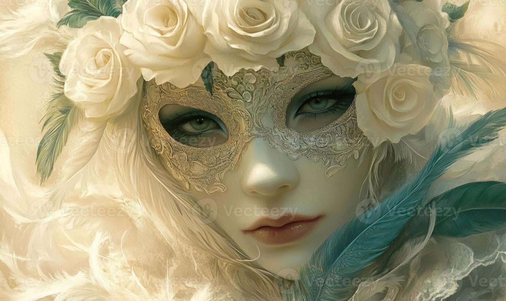 A woman with a mask on her face and a flower on her head photo