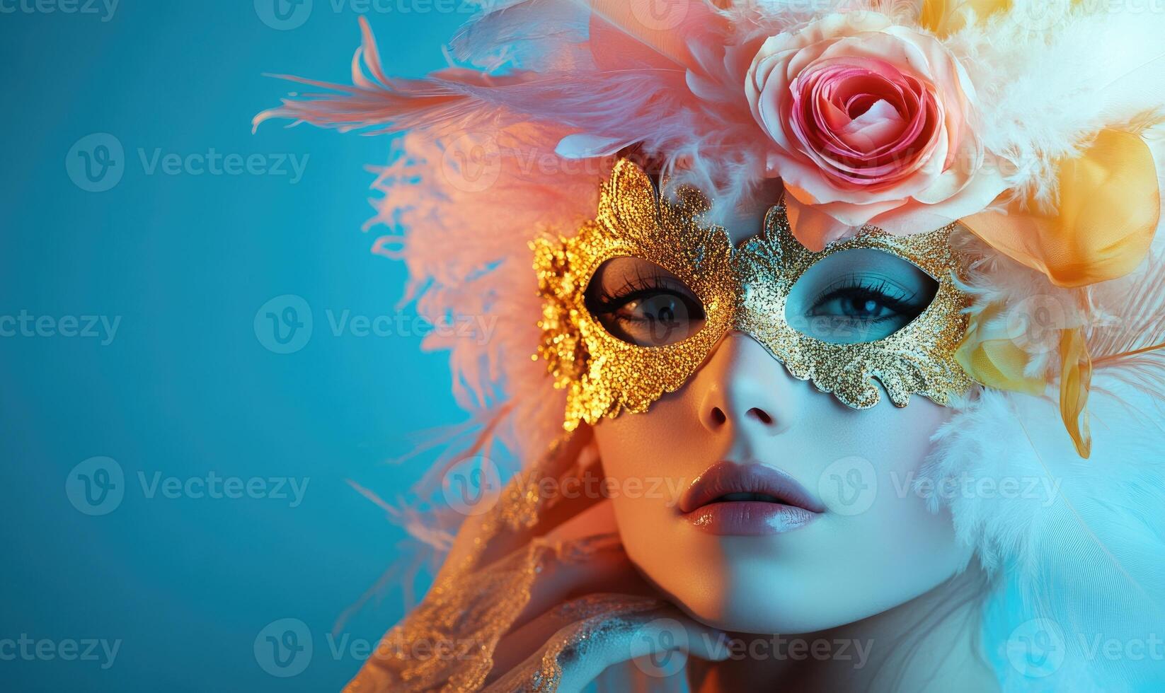 beautiful woman with gold mask and feathers on blue background photo