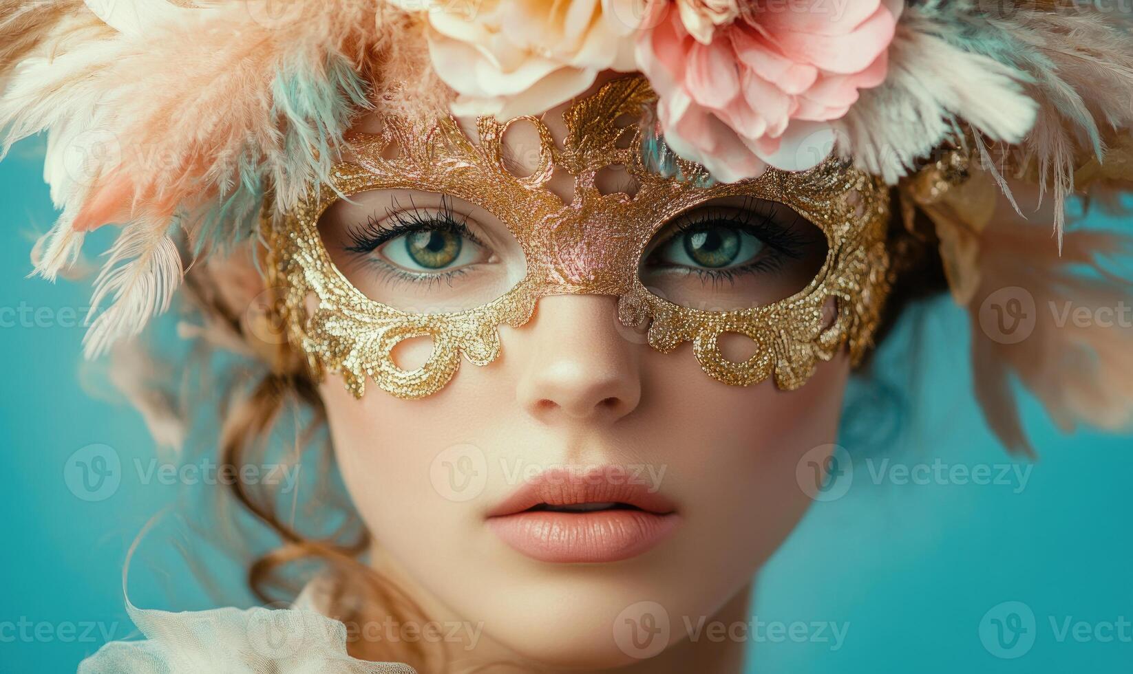 A woman wearing a gold mask with feathers photo