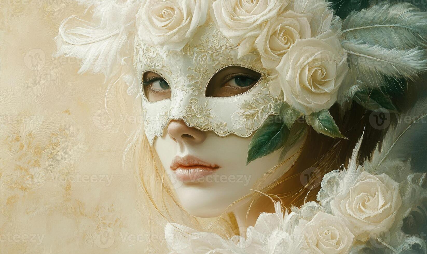 A woman wearing a white mask with roses on it photo