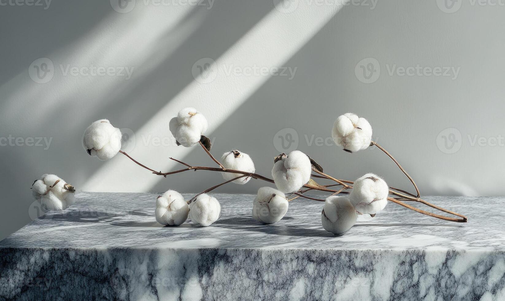 A bunch of white cotton flowers are on a marble counter photo