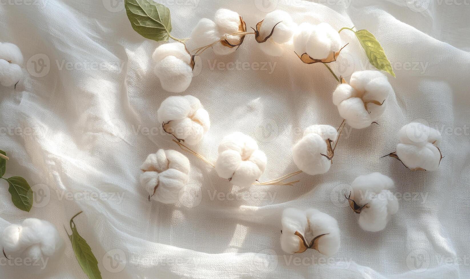 A bunch of white cotton balls are arranged in a circle on a white cloth photo