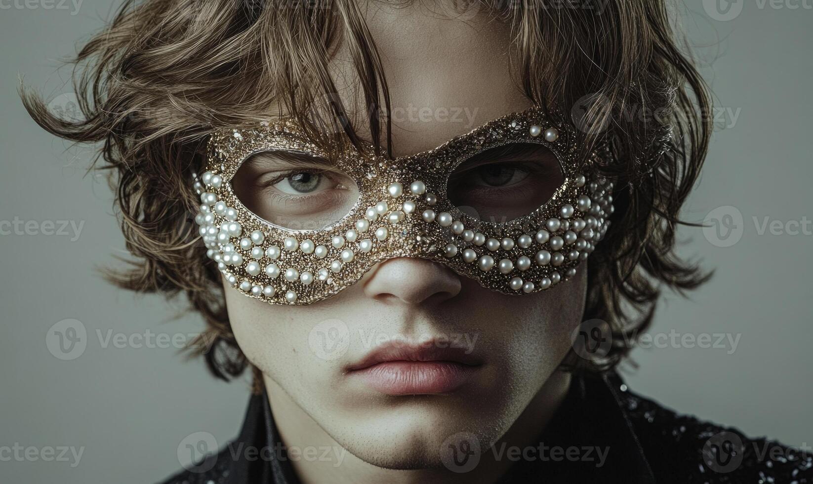 a young man wearing a mask with pearls photo