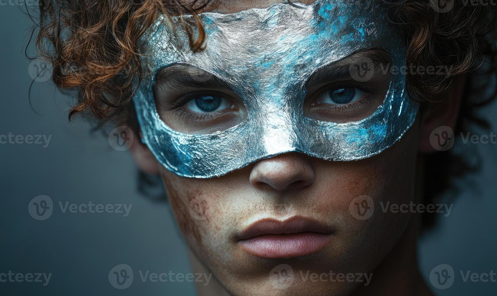 a young man with blue eyes and a silver mask photo