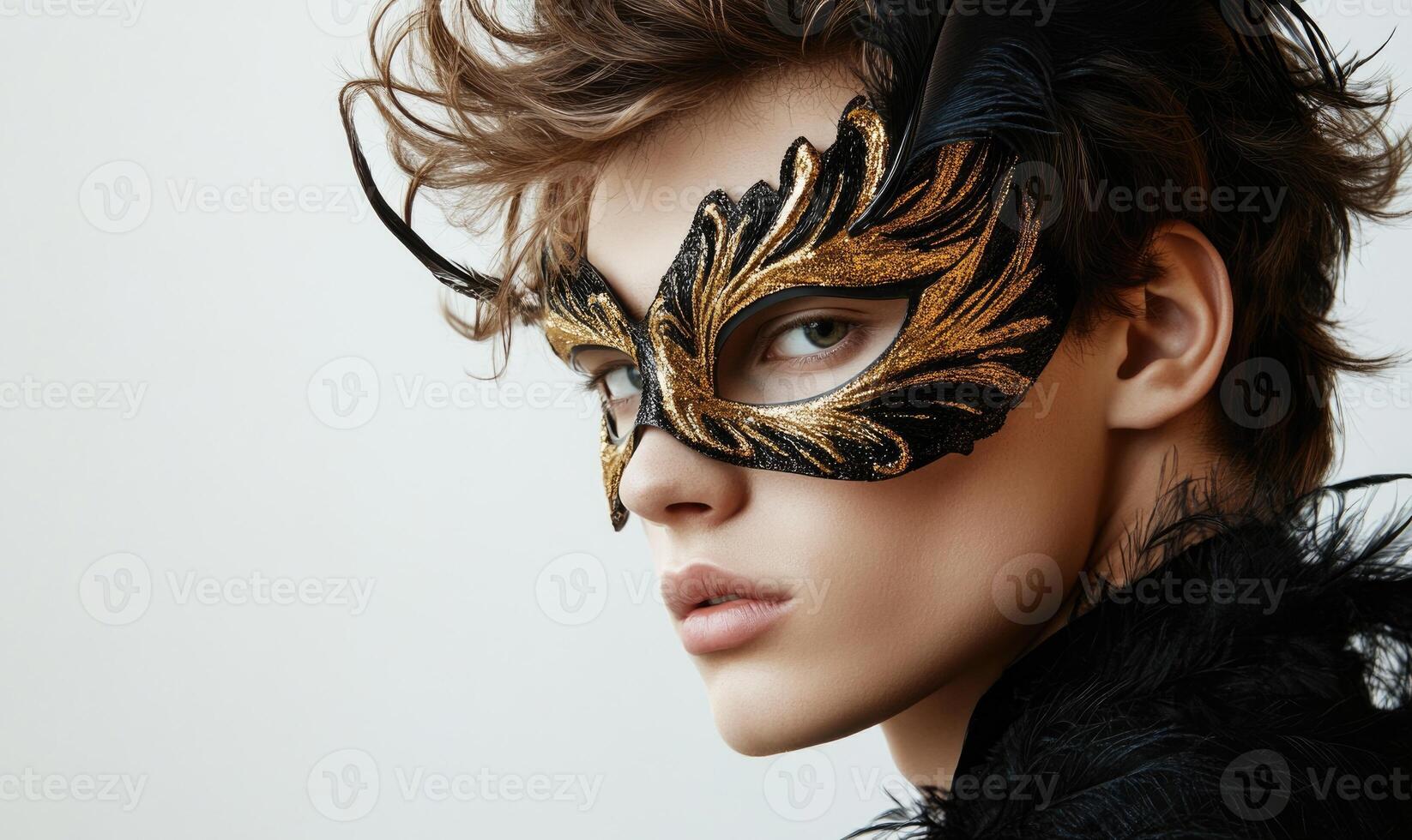 a young man with a gold mask on her face photo