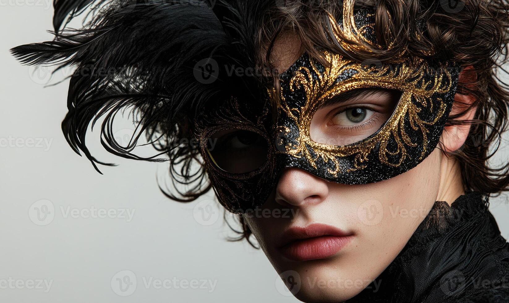 a young woman with a black and gold mask photo
