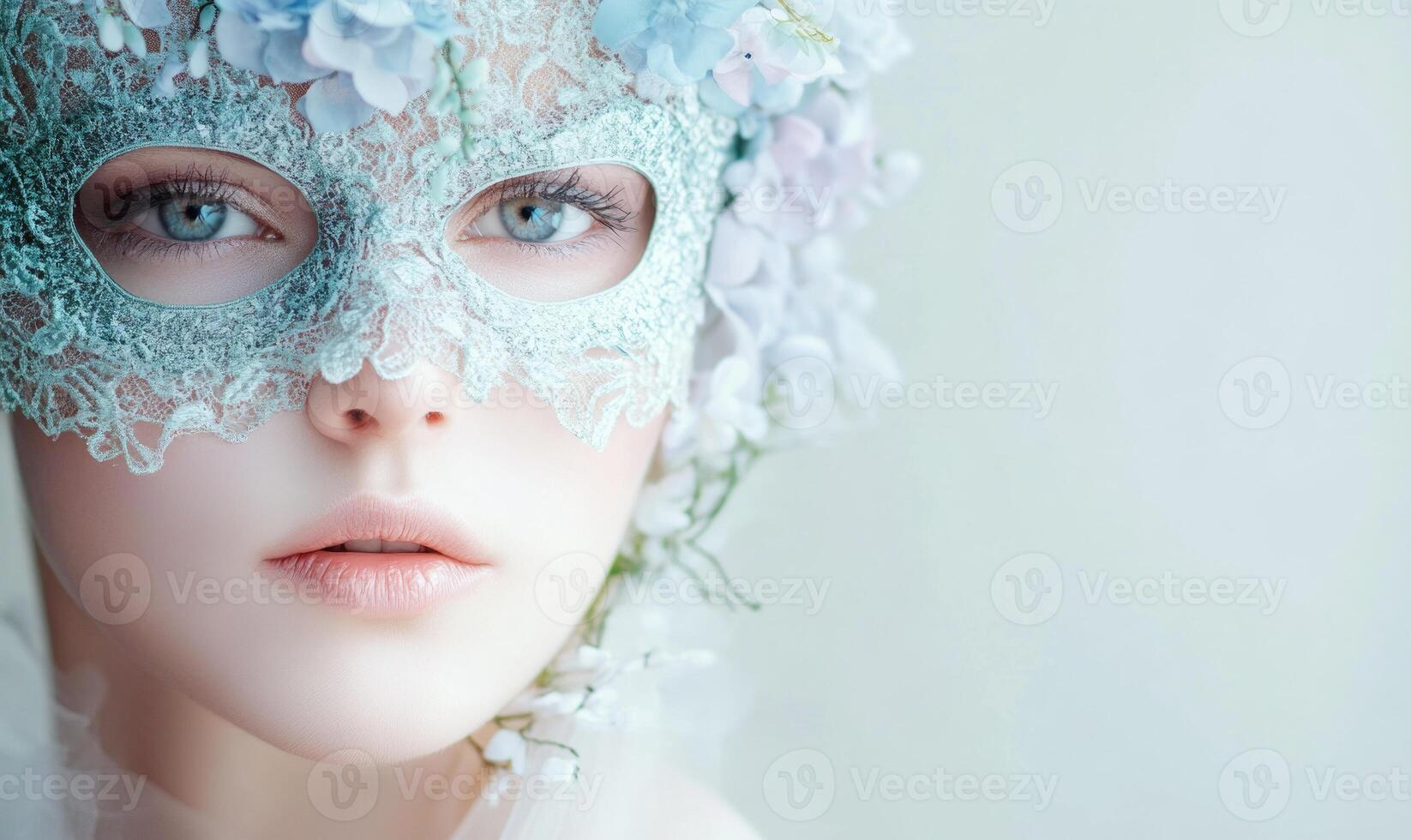 beautiful woman with blue eyes wearing a mask photo
