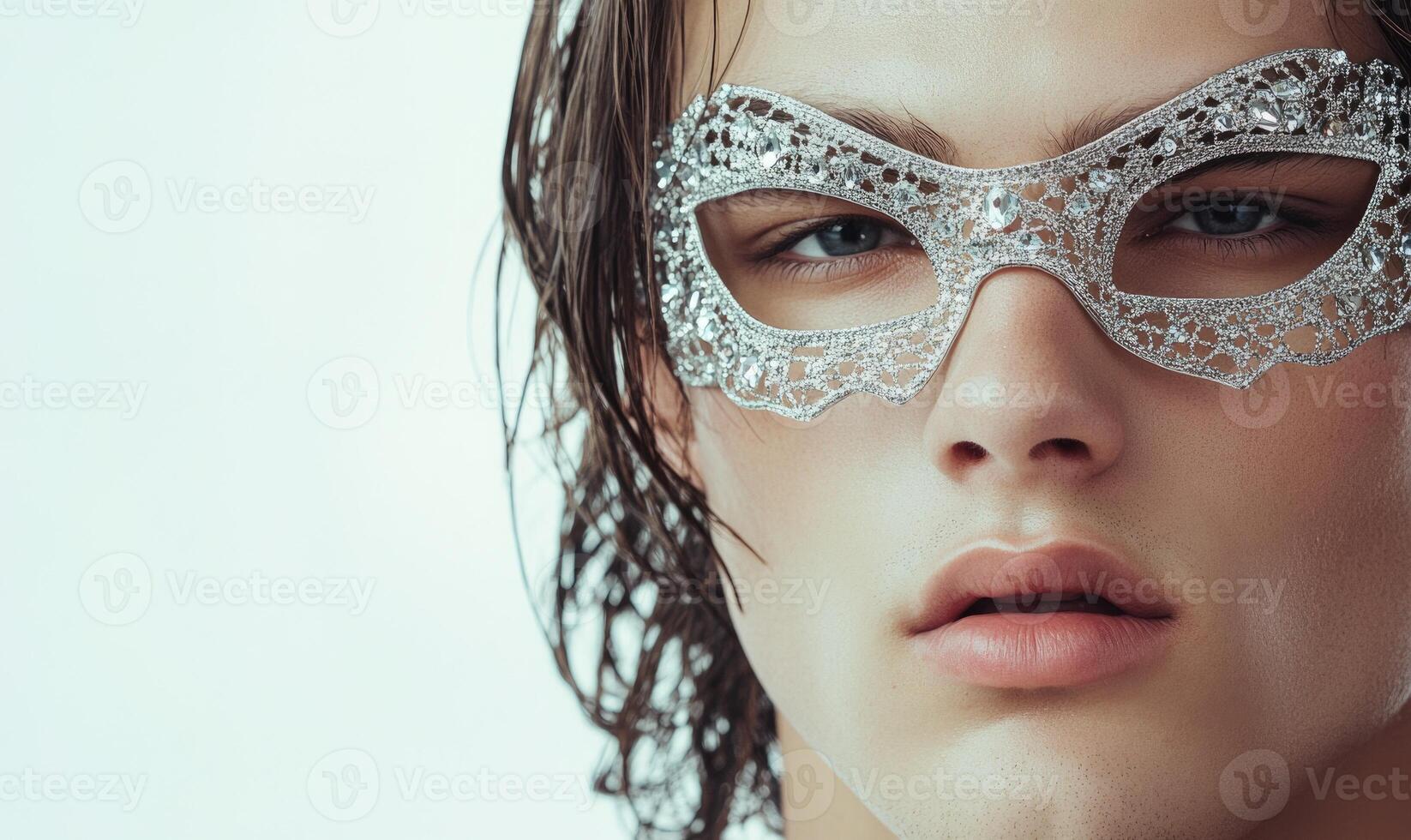 closeup portrait of a man wearing a silver mask photo