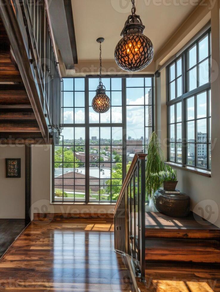 A staircase with a view of the city photo