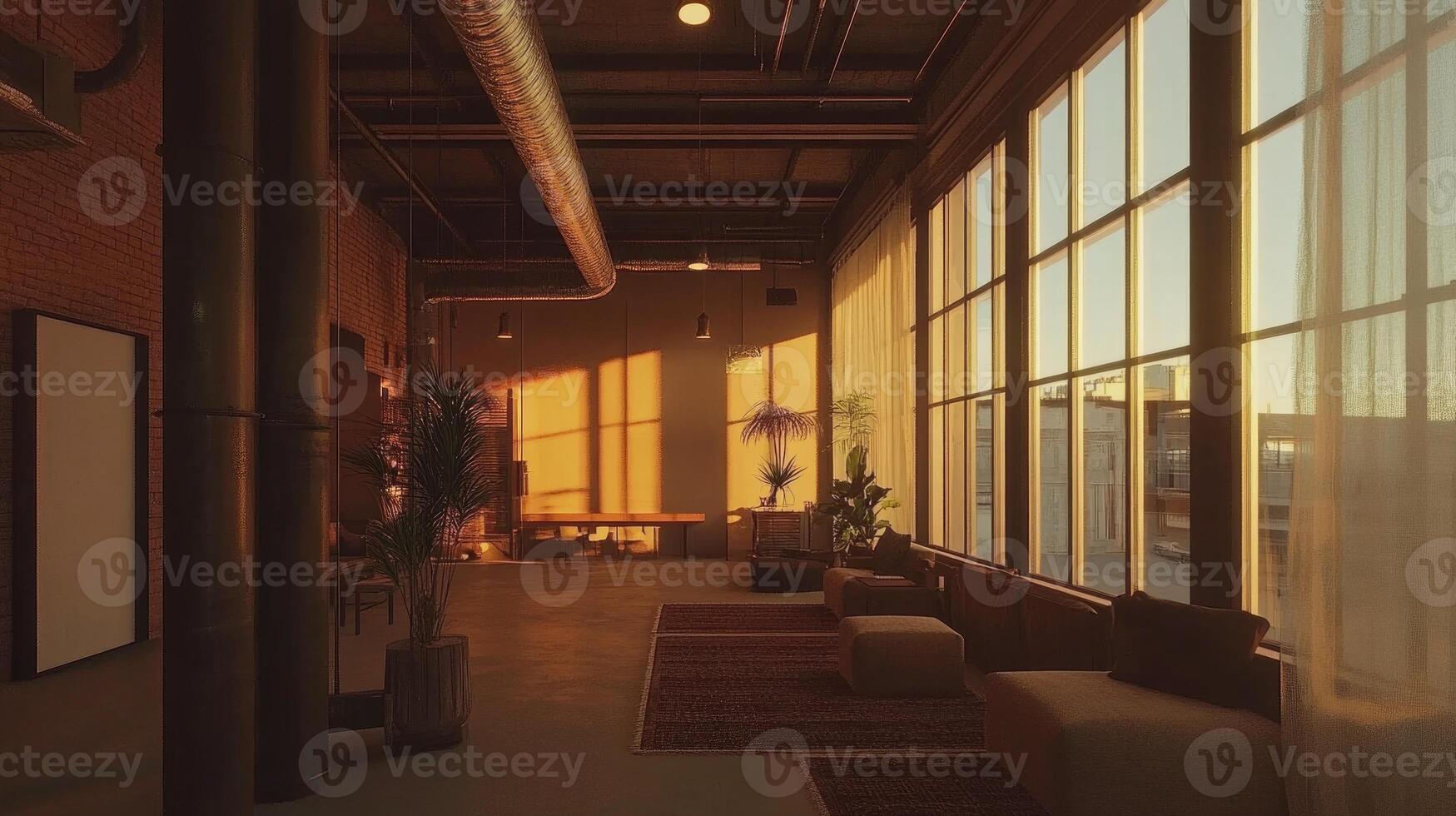A large room with a window and a plant photo