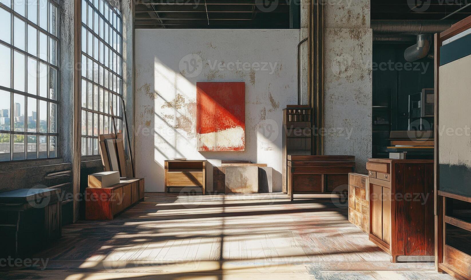 A large room with a white wall and a red painting on it photo