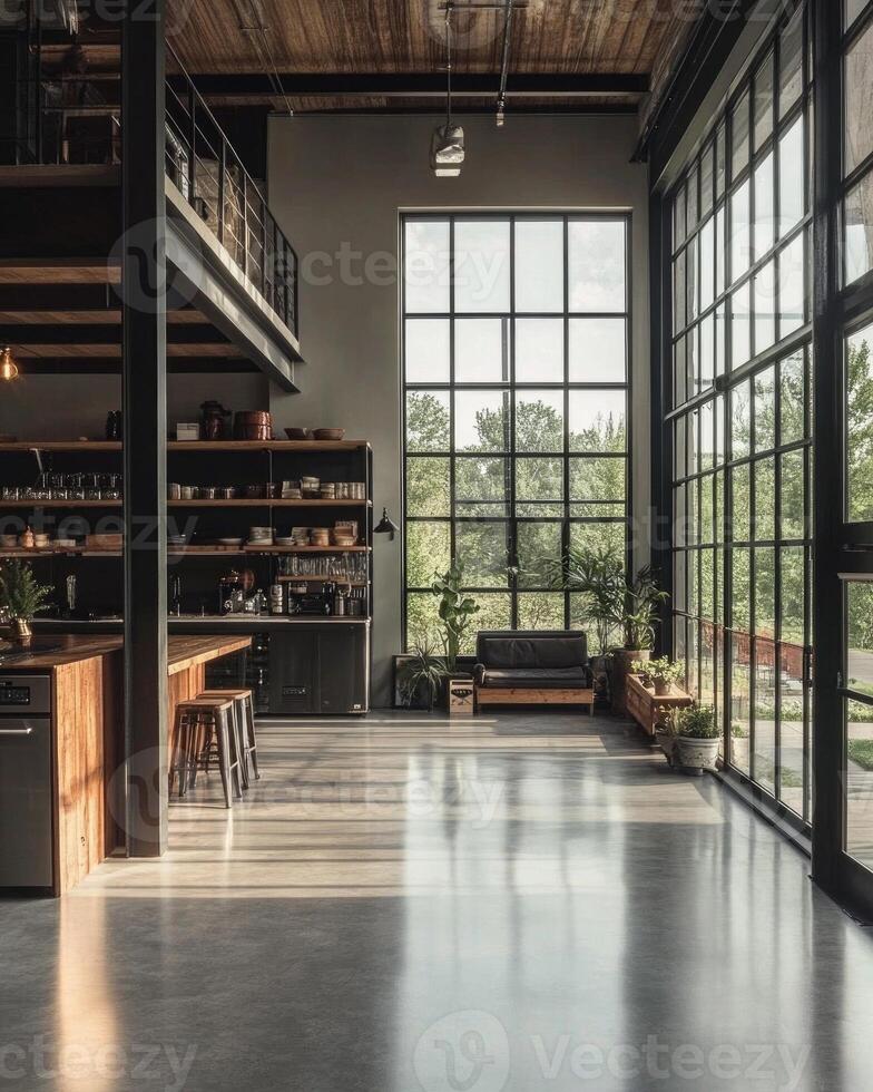 A large open kitchen with a window and a couch photo