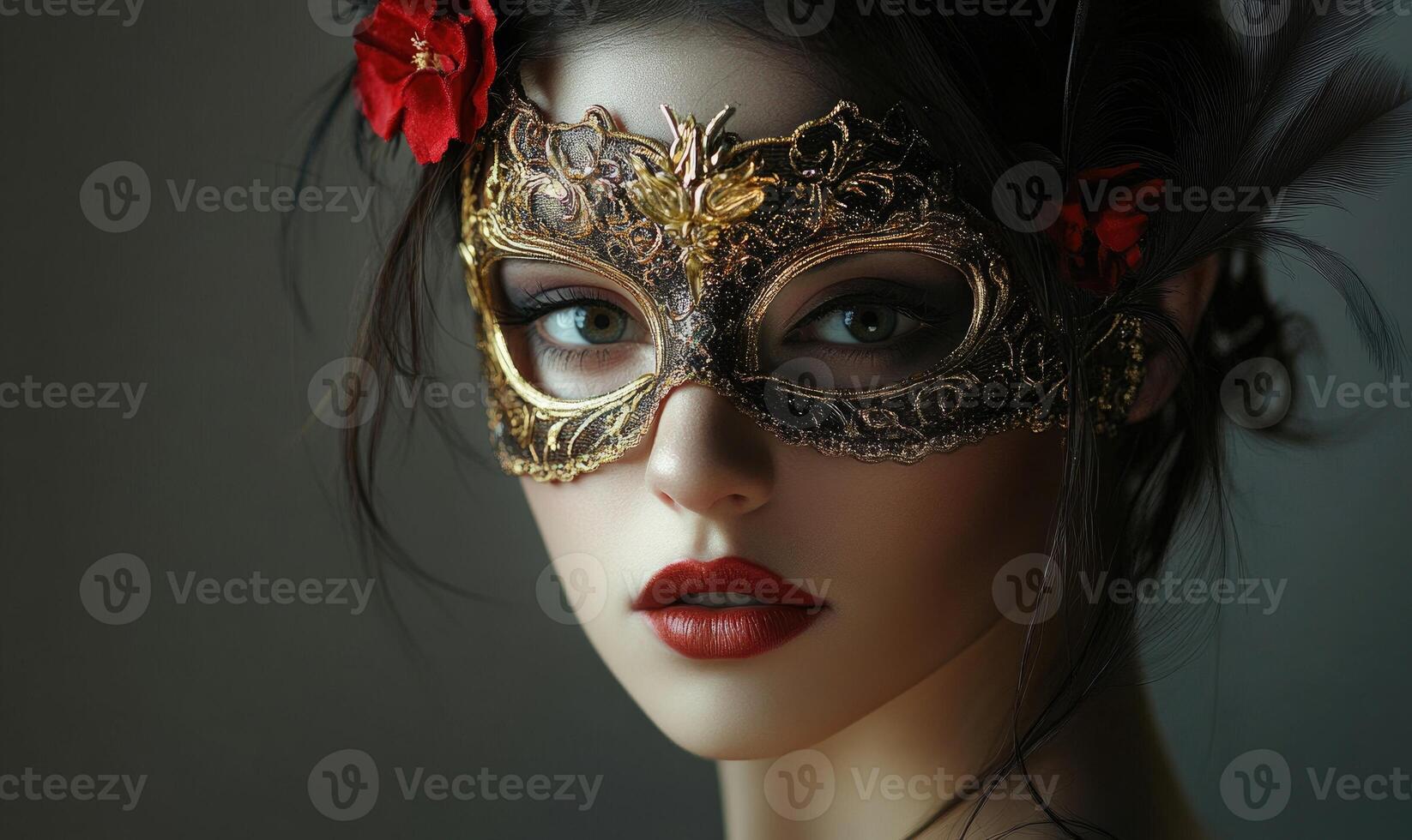 A woman wearing a gold mask and red flowers photo