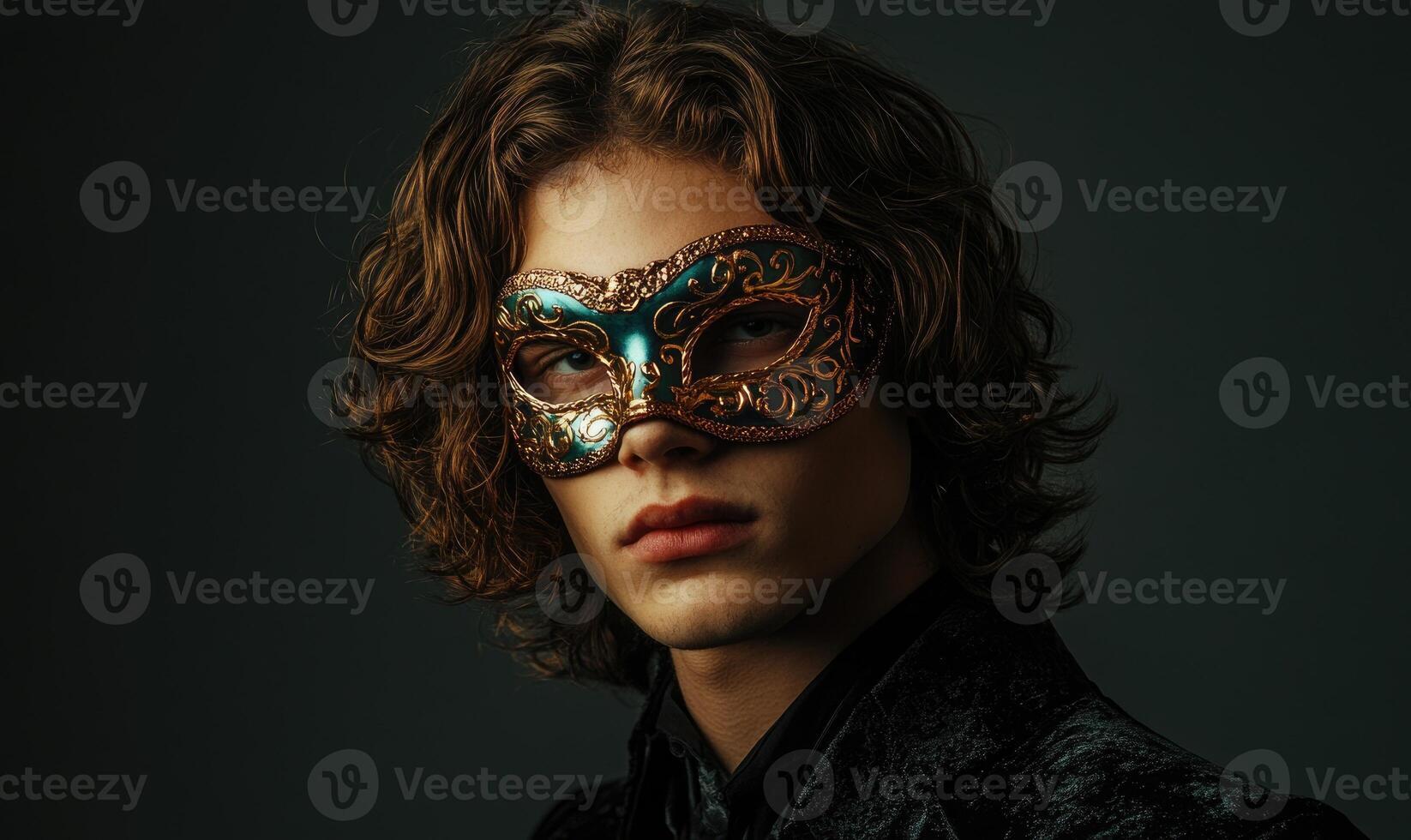 A man wearing a mask with gold and blue decorations photo