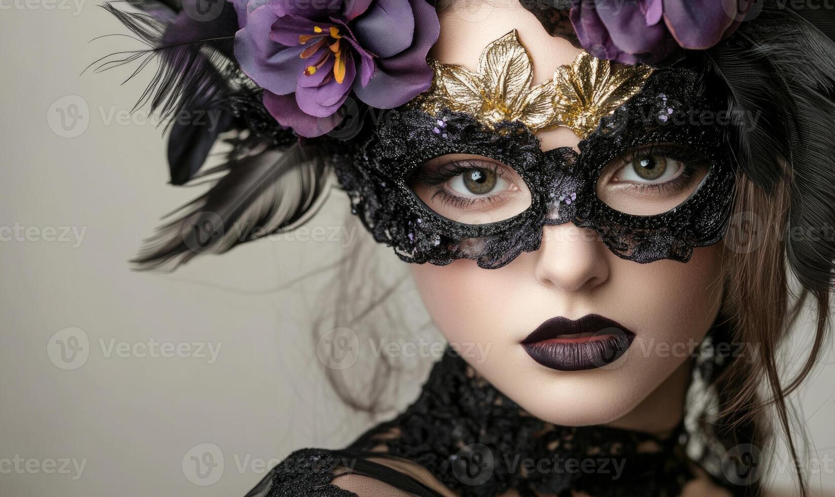 a woman with black makeup and purple flowers on her face photo