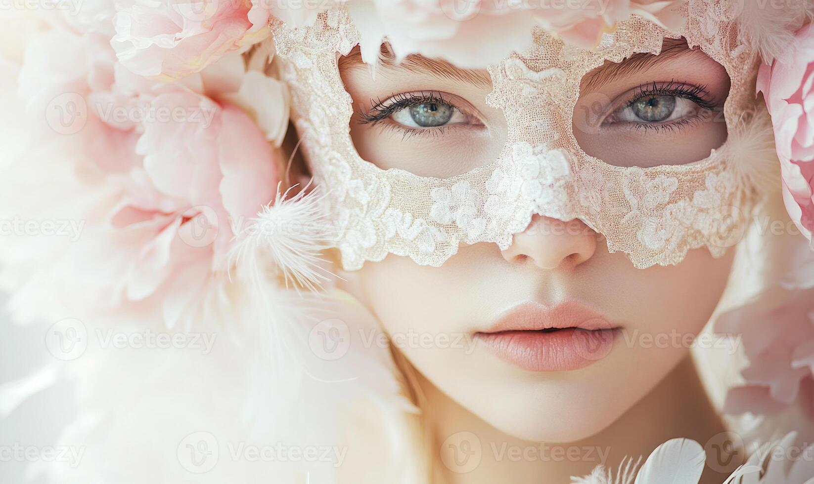 A woman wearing a mask with feathers on it photo