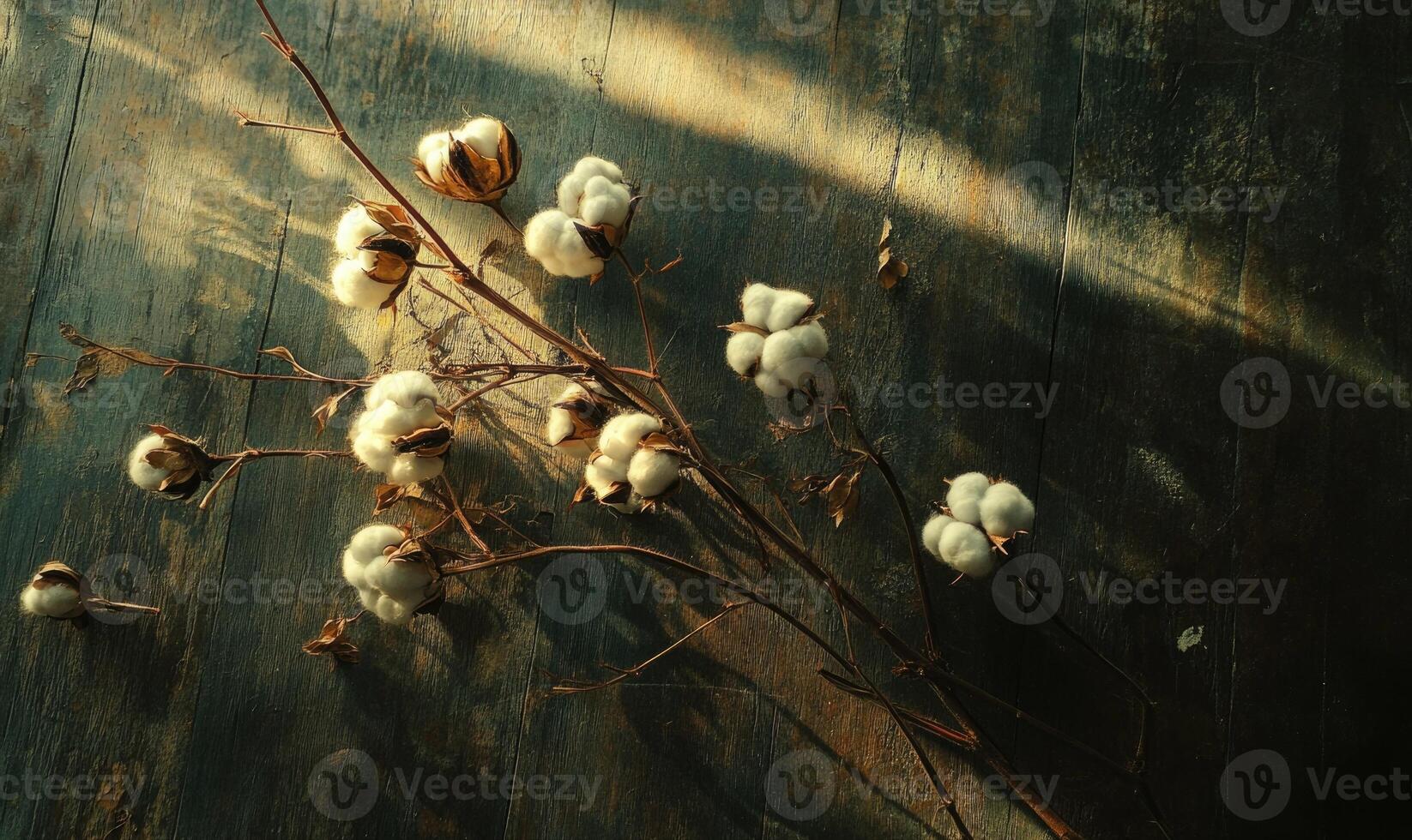 A bunch of cotton flowers on a wooden surface photo