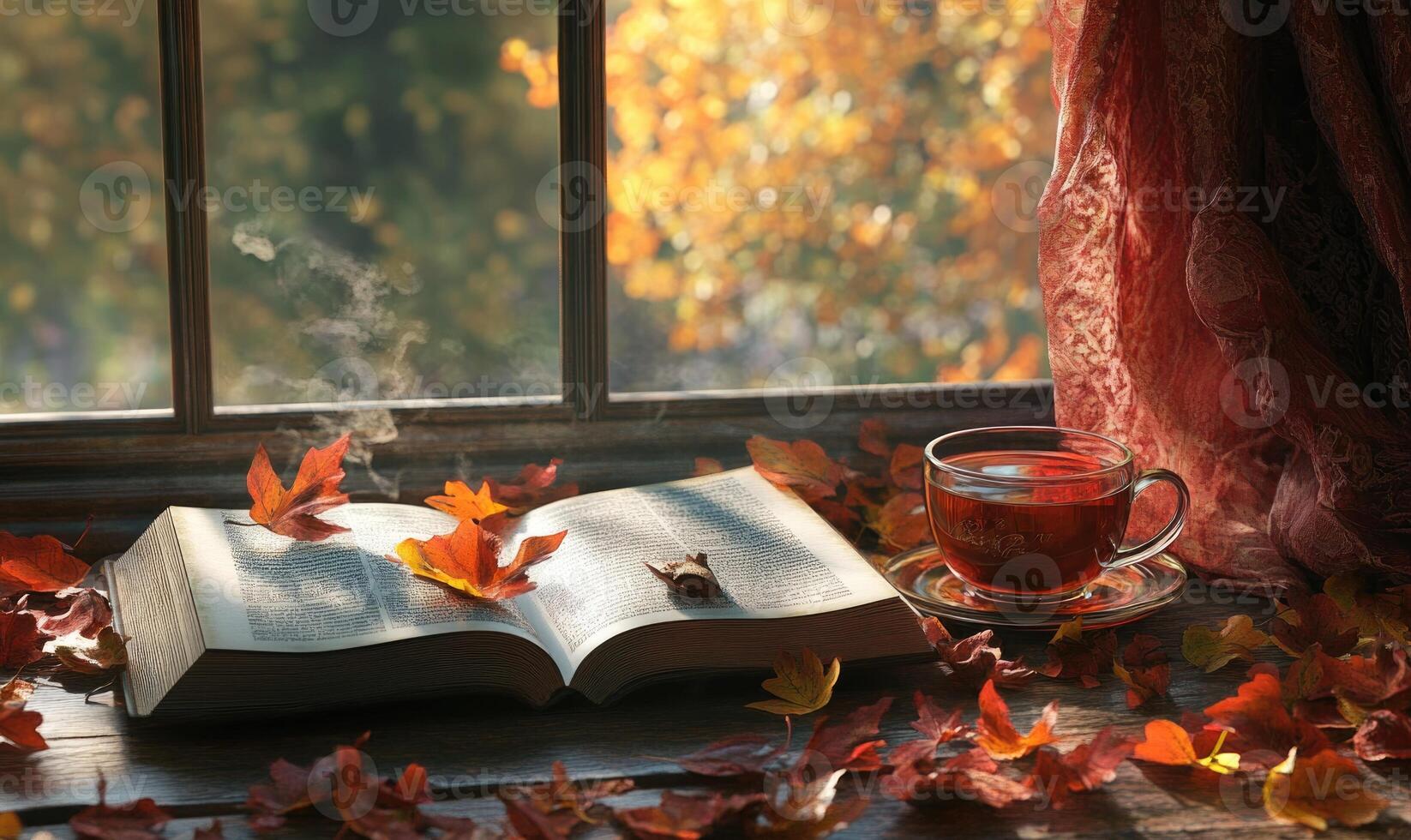 A book is open to a page with a leaf on it photo