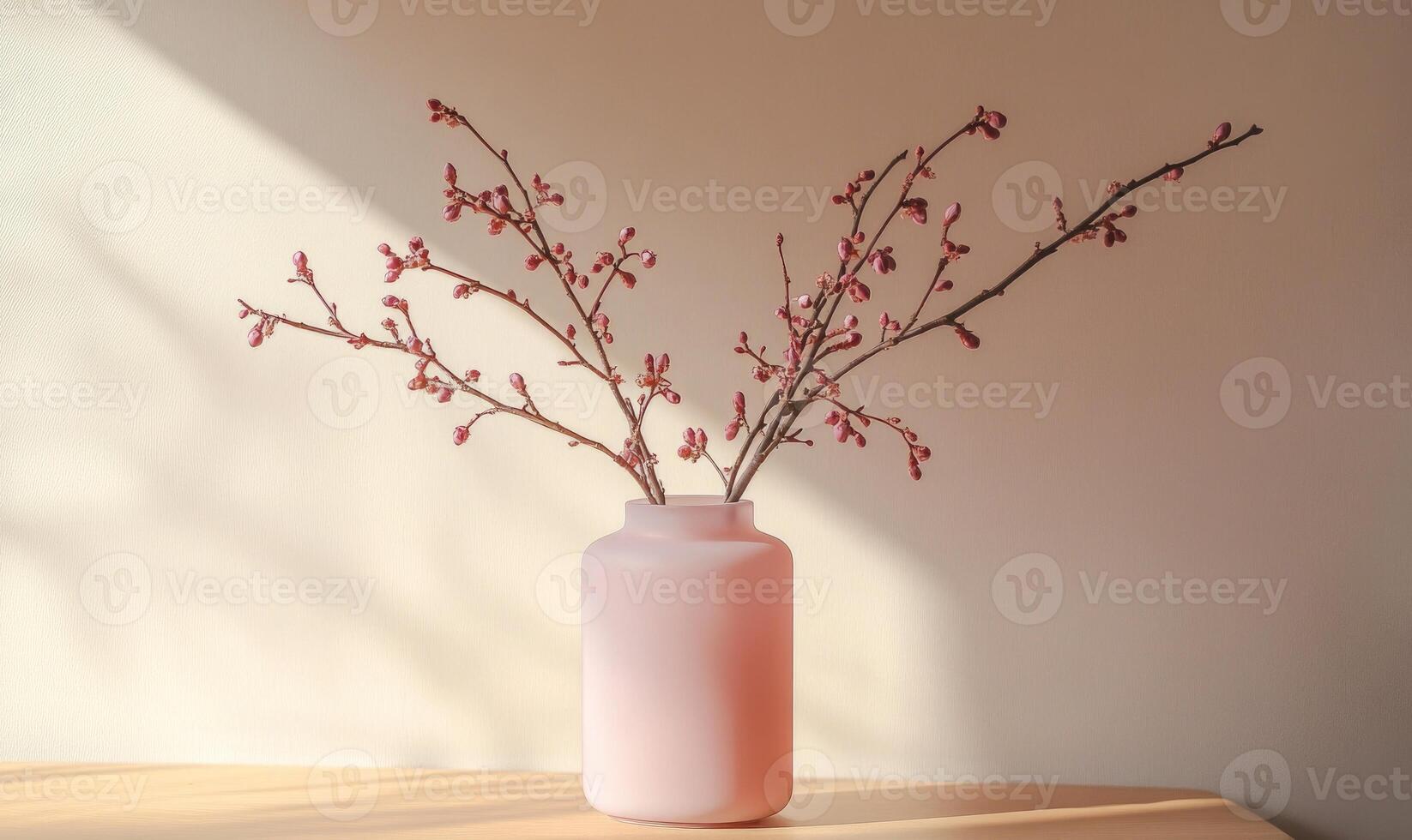 A pink vase with flowers in it sits on a table photo