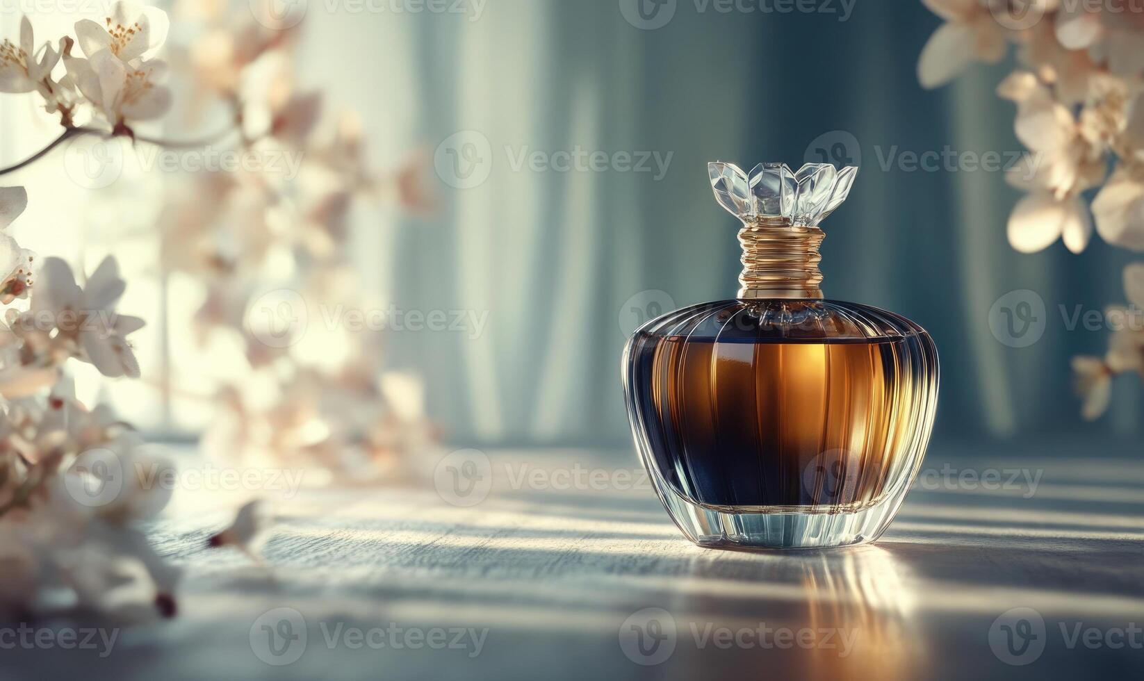 a perfume bottle on a wooden table with flowers photo