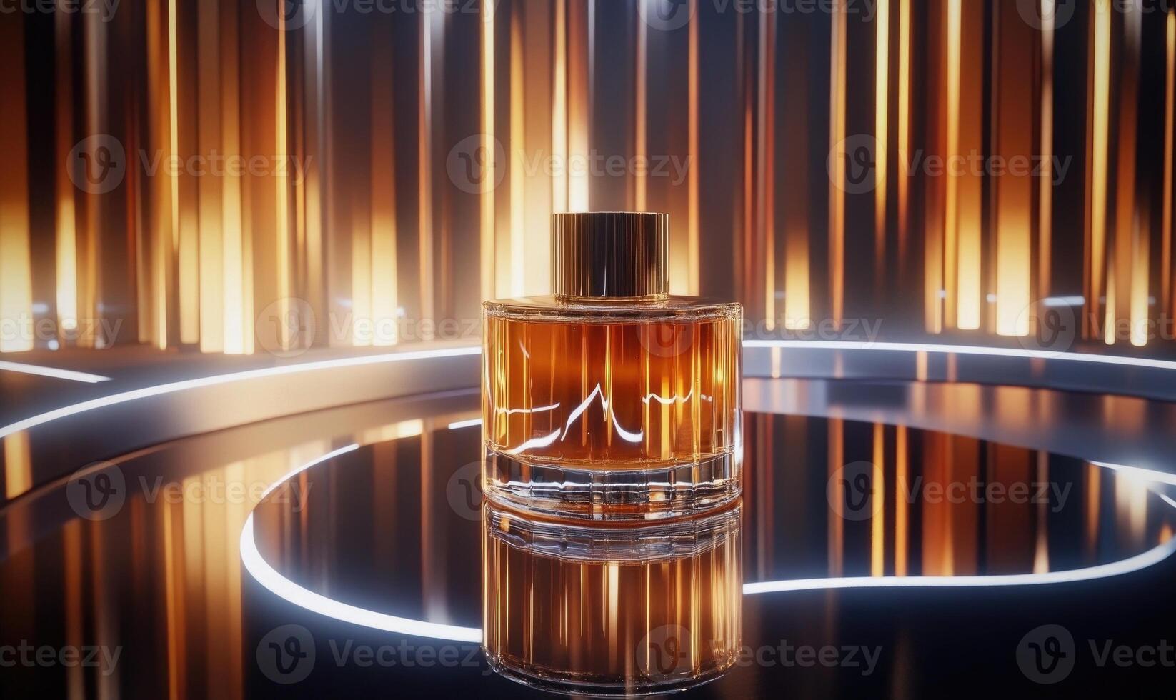 a bottle of perfume sitting on a table in front of a lighted background photo