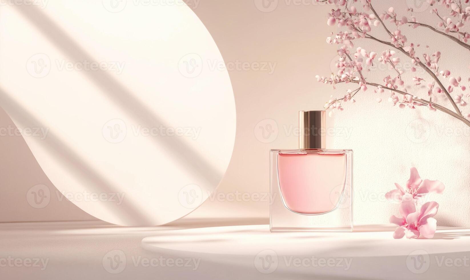 a perfume bottle and a branch of cherry blossom photo