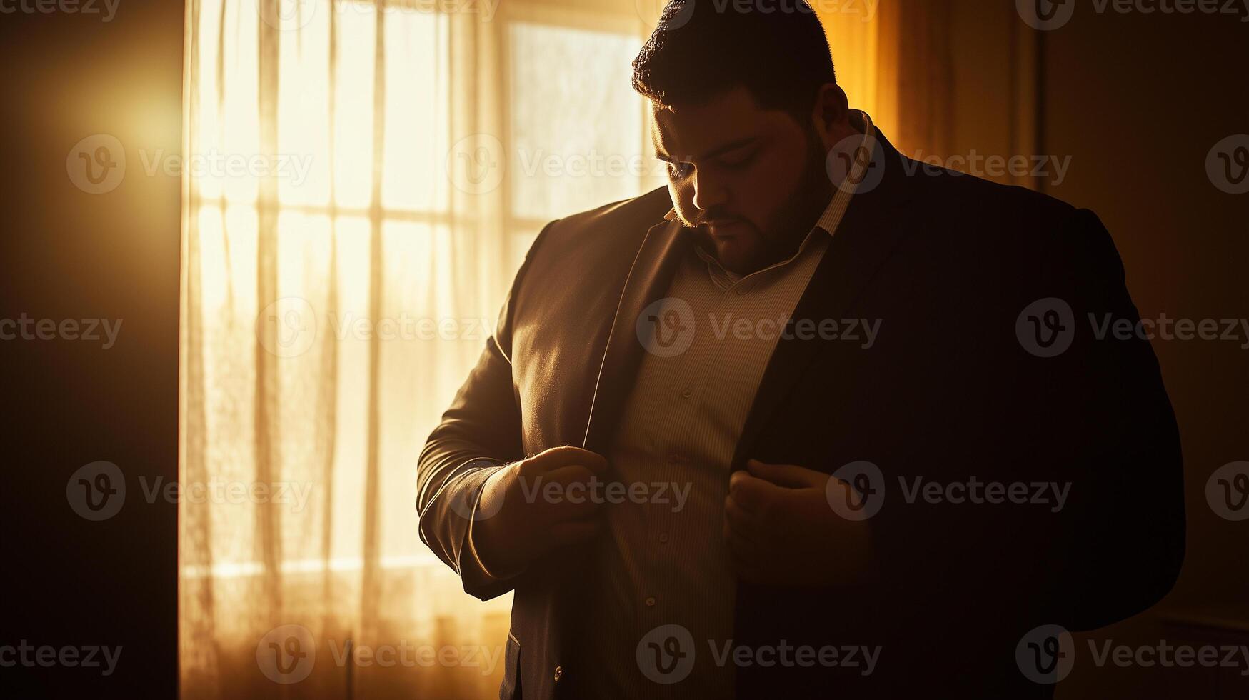 Plus-size businessman struggles to button his suit jacket in a sunlit room during early morning preparation for an important meeting photo