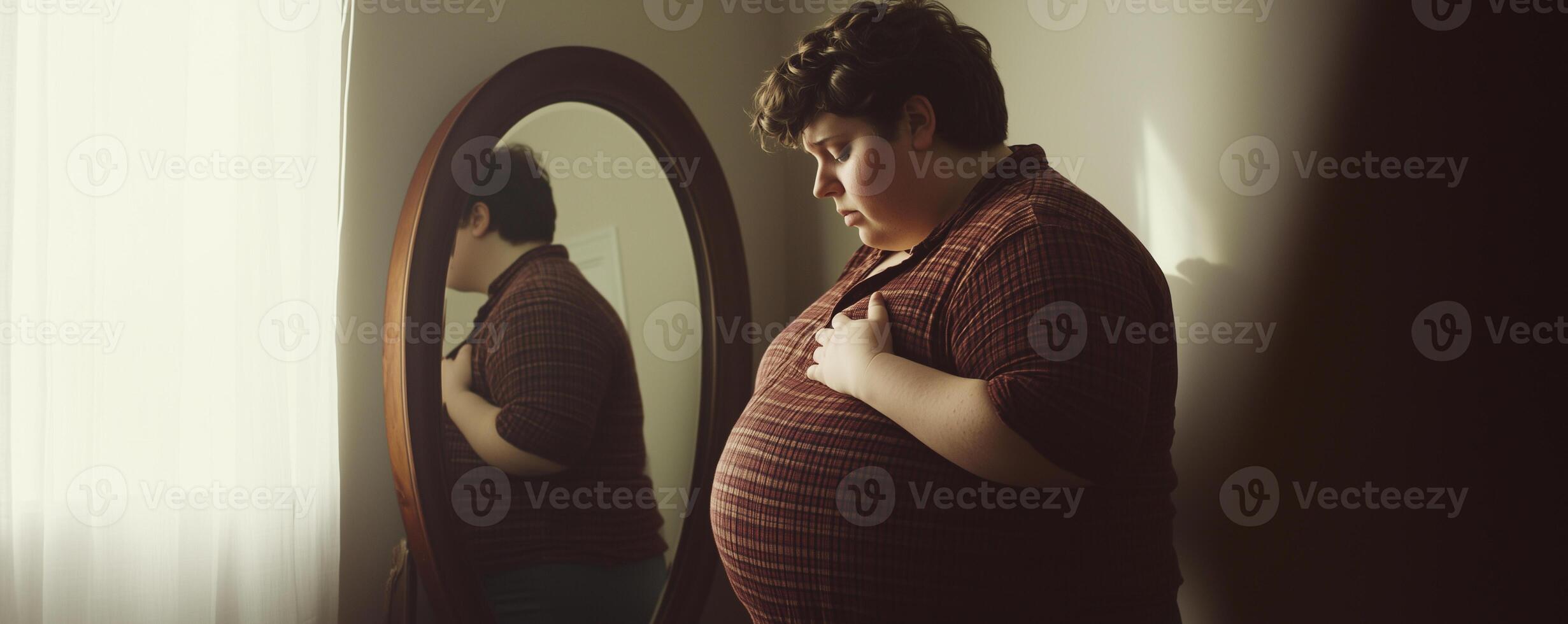 Plus-size person reflects on self-acceptance in front of mirror, capturing a moment of introspection and vulnerability in their personal space photo