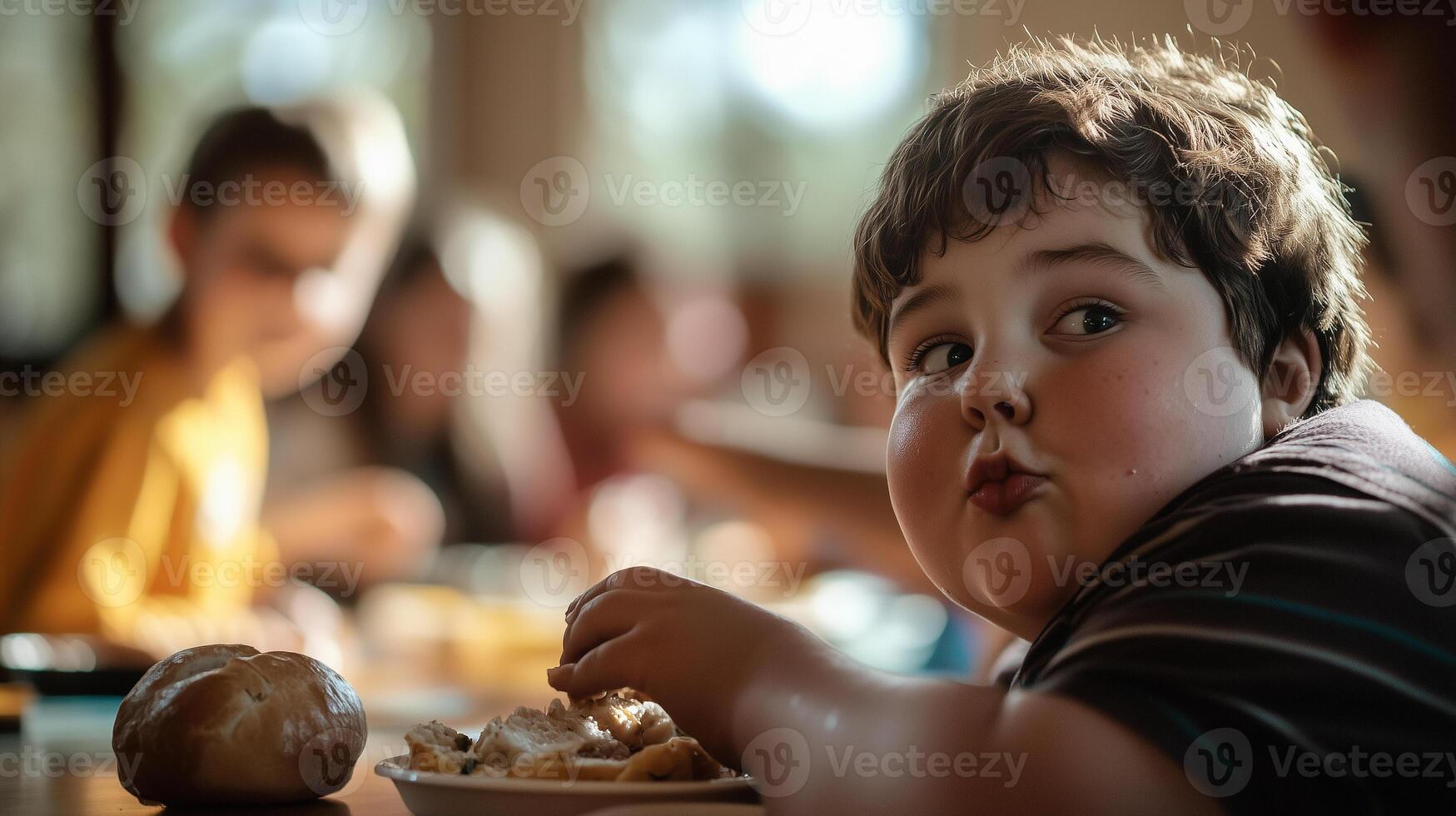 Plus-size child enjoying school lunch with friends in a vibrant cafeteria during midday photo