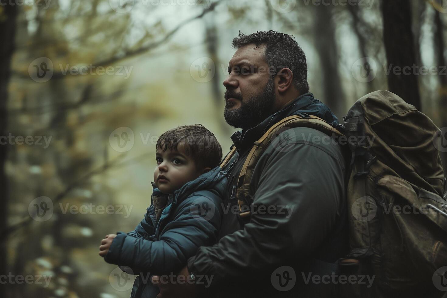 Plus-size father and child enjoying a peaceful hike through a forest during autumn photo