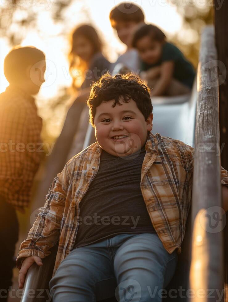 Plus-size boy enjoying a playground slide at sunset with friends in the background photo