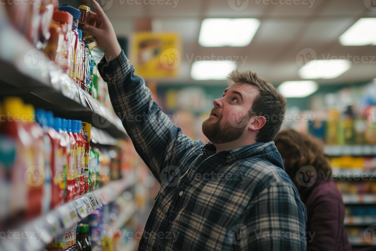 Plus-size man reaching for condiment on high shelf in grocery store aisle during shopping photo