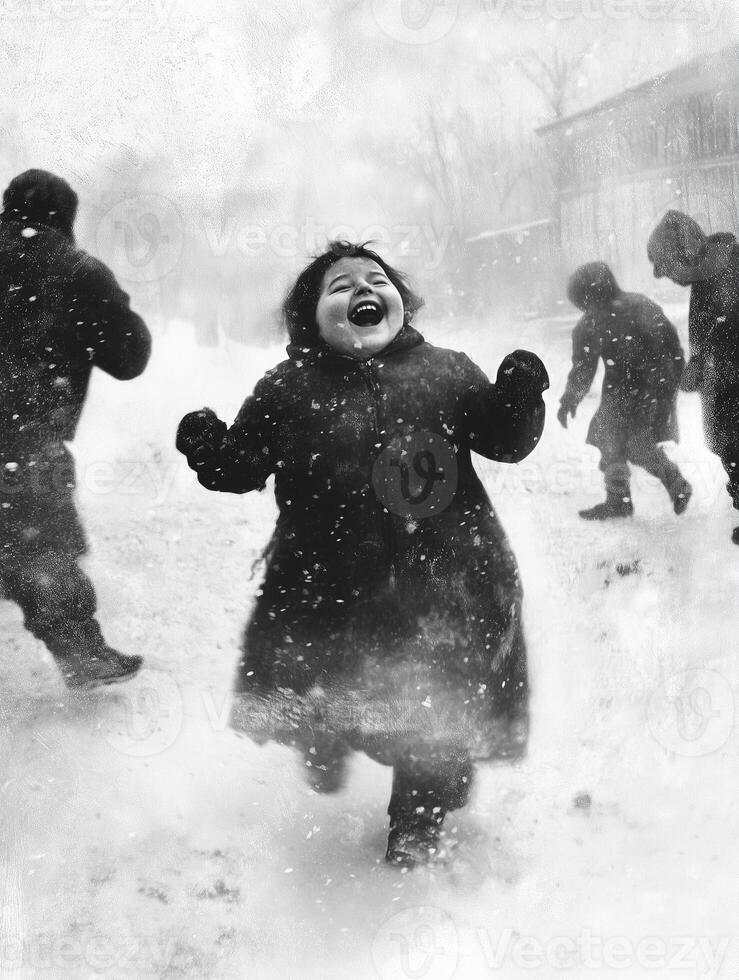 Joyful plus-size child laughing while playing in deep snow on a winter day with friends in a playful atmosphere photo
