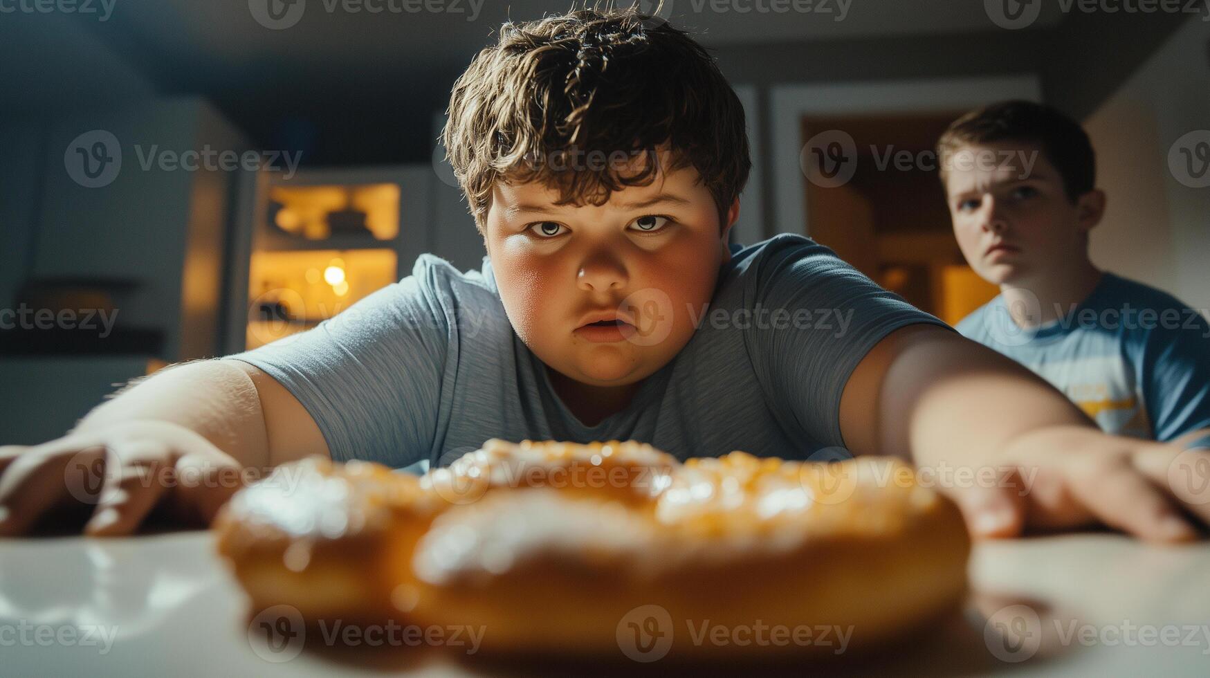 Plus-size boy reaching for the last donut while a friend watches in a cozy kitchen setting during late afternoon photo