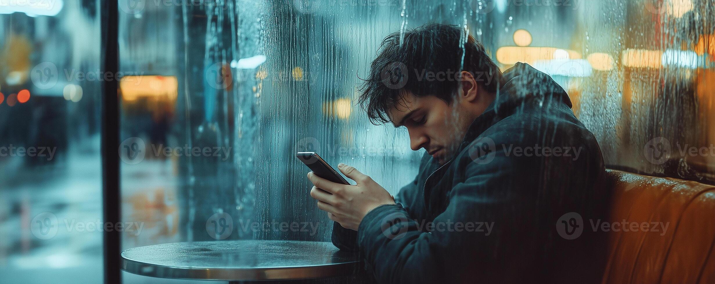 Plus-size man sits alone at a cafe during a rainy evening while focusing on his smartphone photo