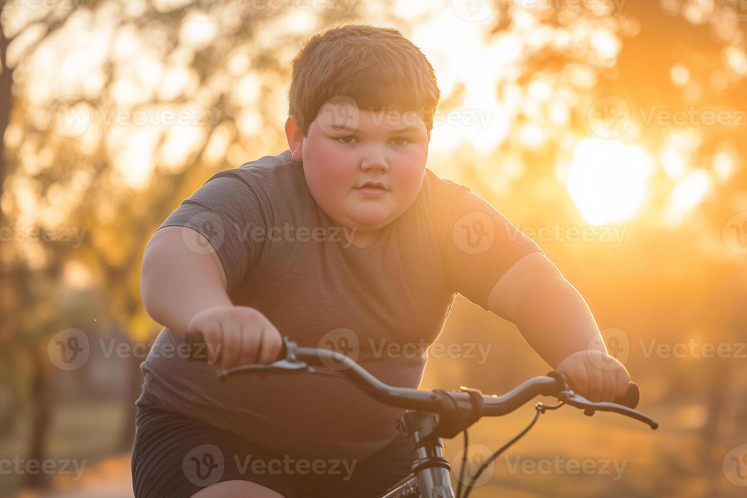 Plus-size boy experiences challenges while learning to ride a bike during sunset in a park setting photo