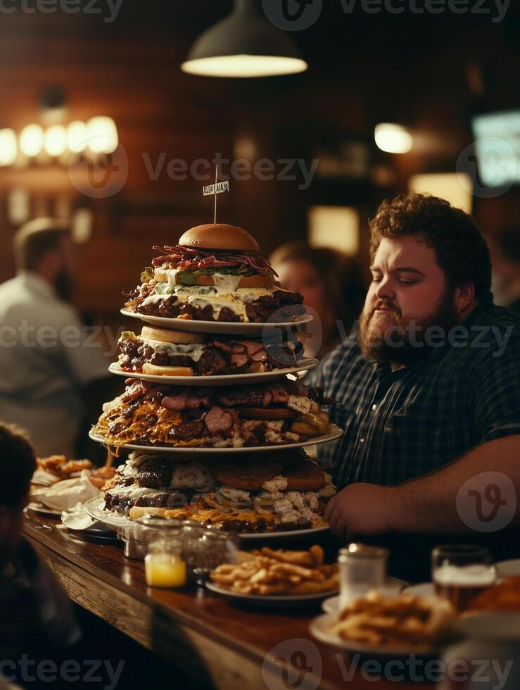Plus-size man enjoying a towering feast at an all-you-can-eat buffet in a cozy restaurant setting photo
