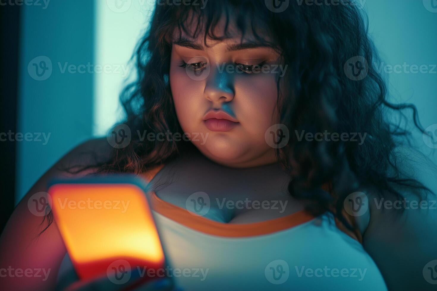 Teenager immersed in social media while sitting in a softly lit room during the evening hours photo